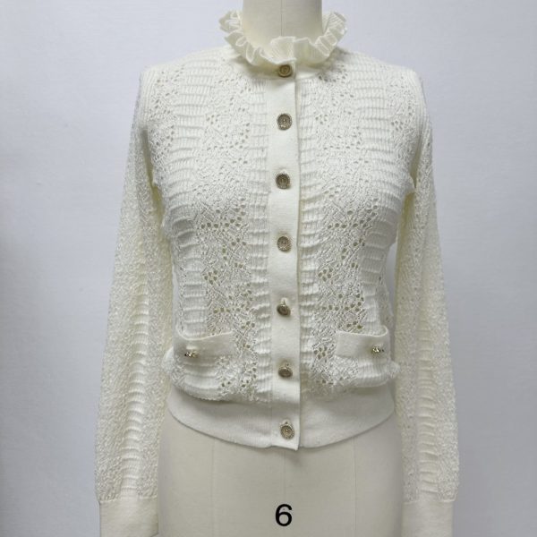 CHANEL CC25A Openwork Lace-Trim Cashmere Cardigan