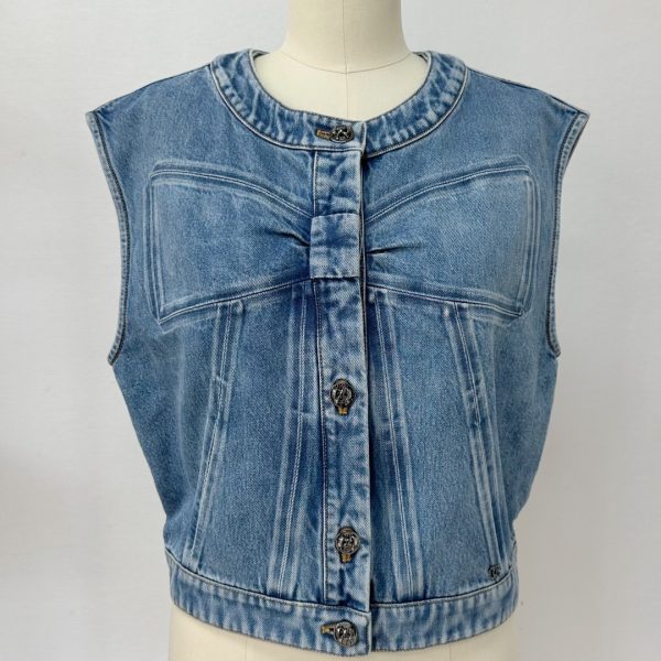 CHANEL CC25K Denim Vest with Bow Detail