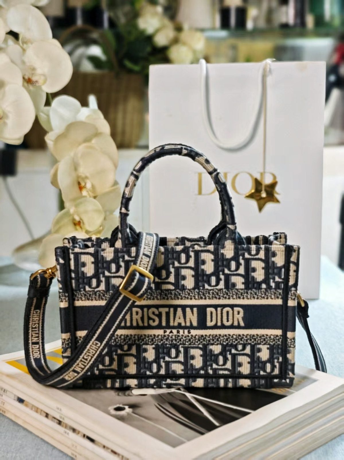 Dior Book Tote Mini Bag (Blue Oblique Jacquard) - Image 6