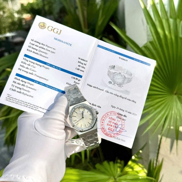 Audemars Piguet Royal Oak Women White Dial Custom Bezel Diamonds Moissanite 34mm