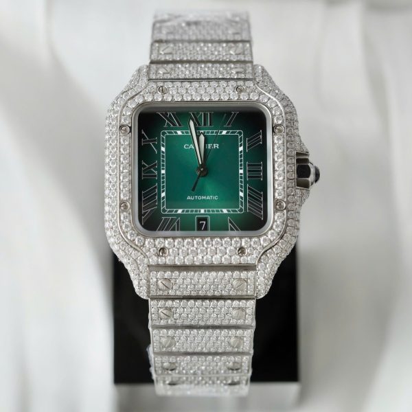 Cartier Santos Green Dial Copies Watch Custom Diamonds Moissanite BV Factory 39.8mm