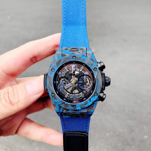Hublot Big Bang Unico Blue Carbon Replica Watches Best Quality Fabric Strap 45mm