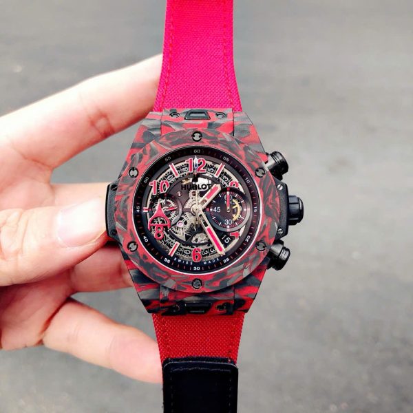 Hublot Big Bang Unico Red Carbon Replica Watches Best Quality Fabric Strap 45mm