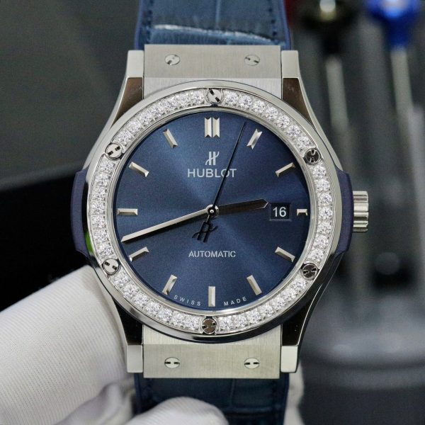 Hublot Classic Fusion Titanium Blue Dial Bezel Diamonds Replica Watch HB Factory 42mm