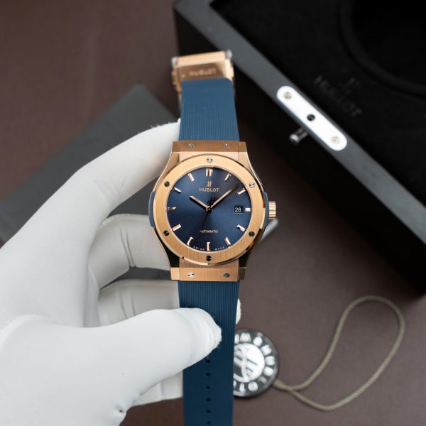 Hublot Copies Watches Classic Fusion King Gold Dial Blue Movement SW300 Rubber Strap 42mm