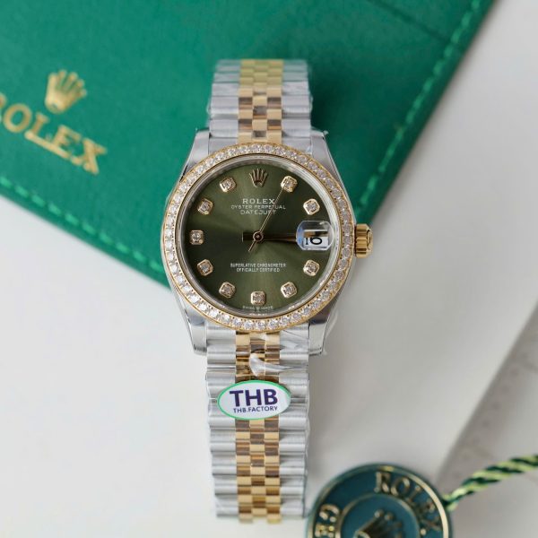 Rolex DateJust Green Dial Replica Watches Bezel Diamonds CZ THB Factory 31mm
