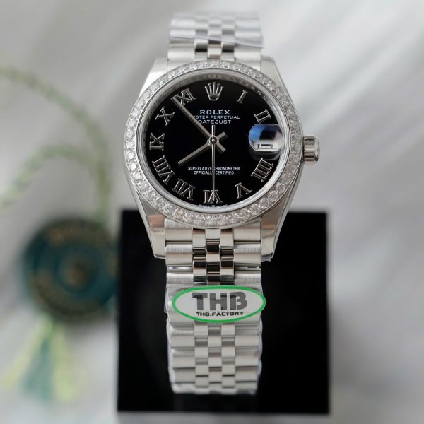 Rolex DateJust Replica Watches Black Dial Bezel Moissanite Diamonds CZ THB Factory 31mm