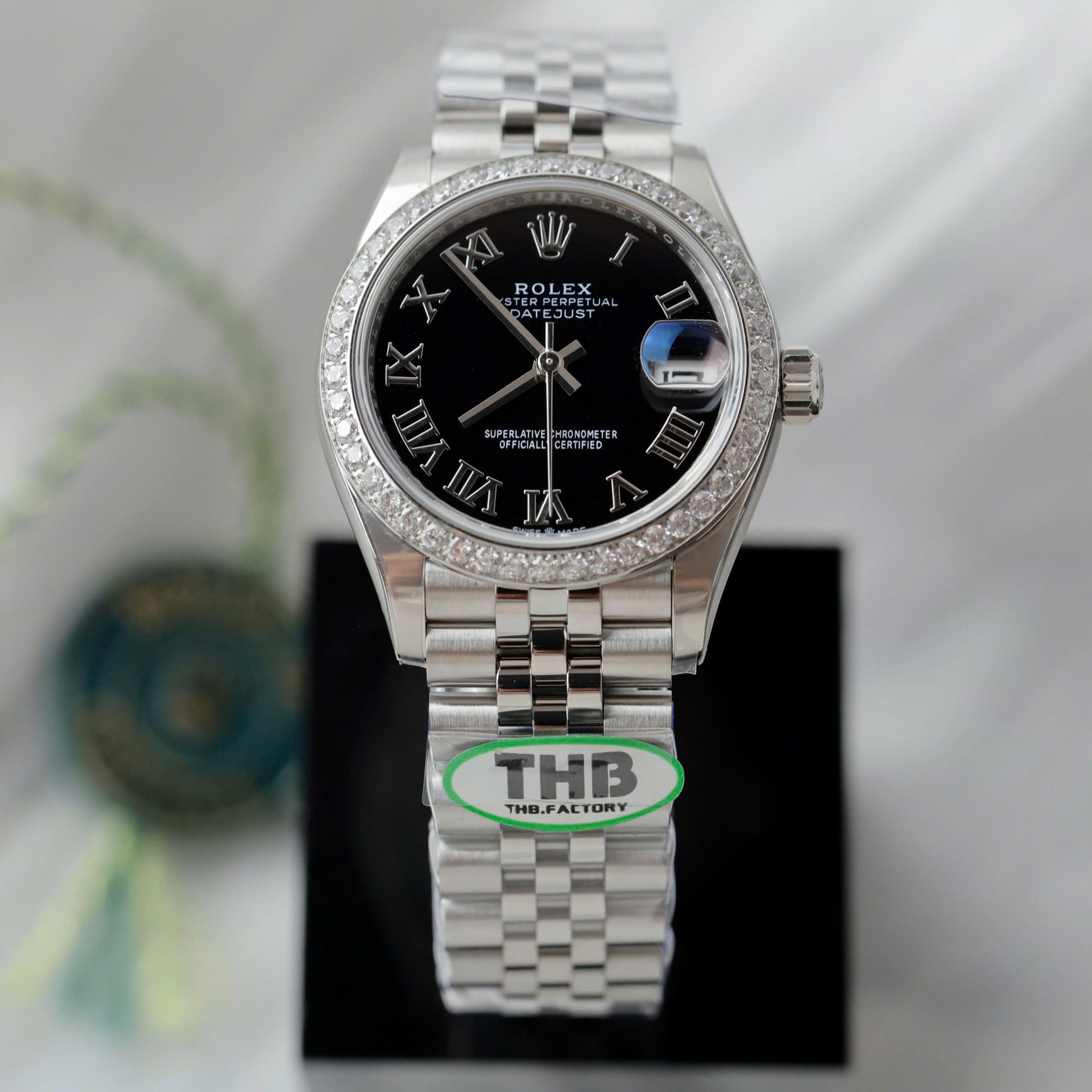 Dong-Ho-Rolex-DateJust-Nu-Che-Tac-Mat-Den-Coc-So-La-Ma-Xuong-THB-31mm-7.jpg Rolex DateJust Replica Watches Black Dial Bezel Moissanite Diamonds CZ THB Factory 31mm - Image 1