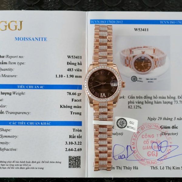 Rolex DateJust Women Dial Chocolate Copies Watches Custom Moissanite Diamonds + 18K Gold Wrapped 31mm