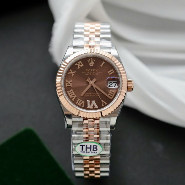 Rolex DateJust Women Demi Rose Gold Replica Watches Chocolate Dial THB Factory 31mm