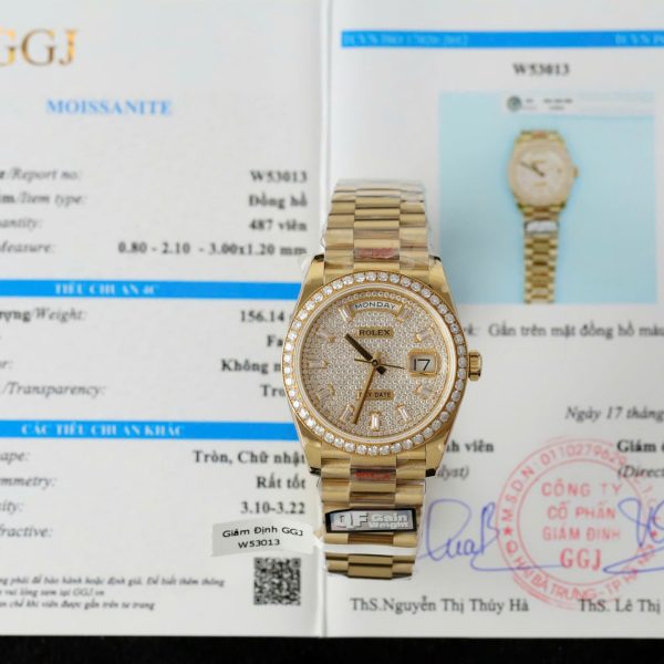 Rolex Day-Date Best Copies Watch 18K Gold Wrapped + Moissanite Diamonds Weight 159Gram QF 36mm