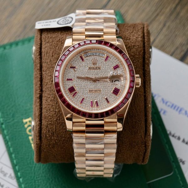 Rolex Best Replica Watch Day-Date Custom Ruby Red & Baguette Moissanite Diamonds GM Factory 40mm