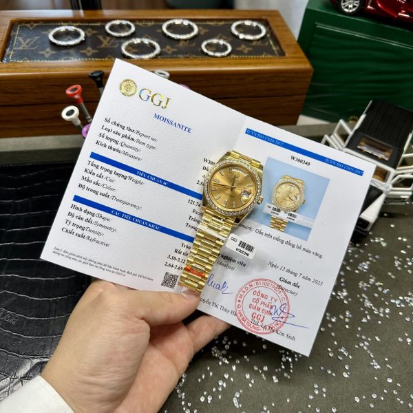 Rolex Day-Date Fake Watches Yellow Dial Moissanite Diamonds EW Factory 40mm