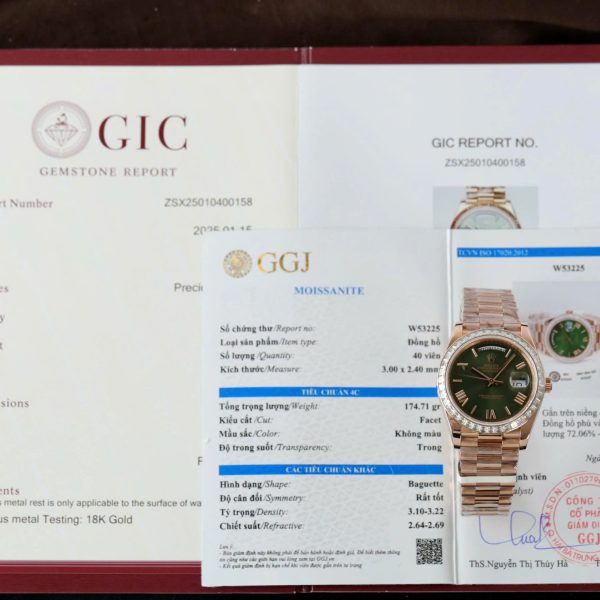 Rolex Day-Date Geen Dial Copies Watches Gold Wrapped + Diamonds Moissanite Baguette 40mm