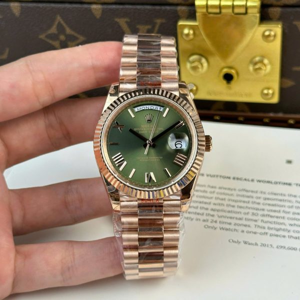 Rolex Luxury Fake Watches Day-Date Green Dial Rose Gold Weight 186 Grams QF Factory 40mm
