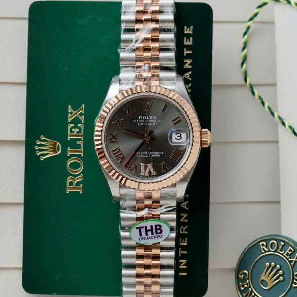 Rolex DateJust Women Demi Rose Gold Copies Watches Gray Dial THB Factory 31mm