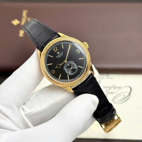Rolex Perpetual 1908 Yellow Fake Watch Black Dial Leather Strap 39mm