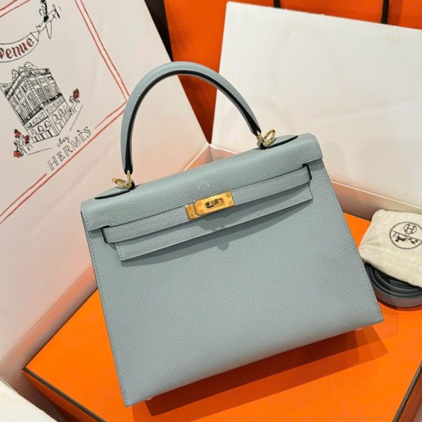 Hermes Kelly Like Auth Women-s Gray Bag With Gold Lock 25cm