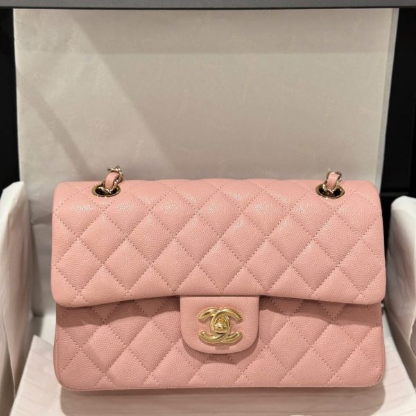 Chanel Classic Rep 11 High Quality Handbag Pink Grained Leather Gold Lock 23cm