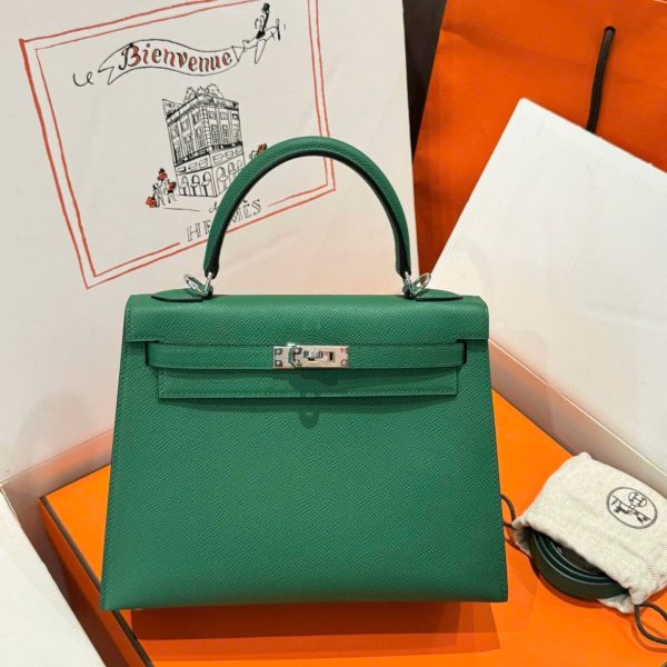 Hermes Kelly Like Auth Women-s Handbag Green White Lock 25cm