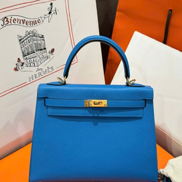 Hermes Kelly Women-s Handbag Blue Gold Lock Like Auth 25cm