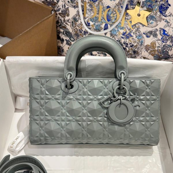 Like Auth Dior D-Joy Women-s Handbag Diamond Pattern Gray 26cm
