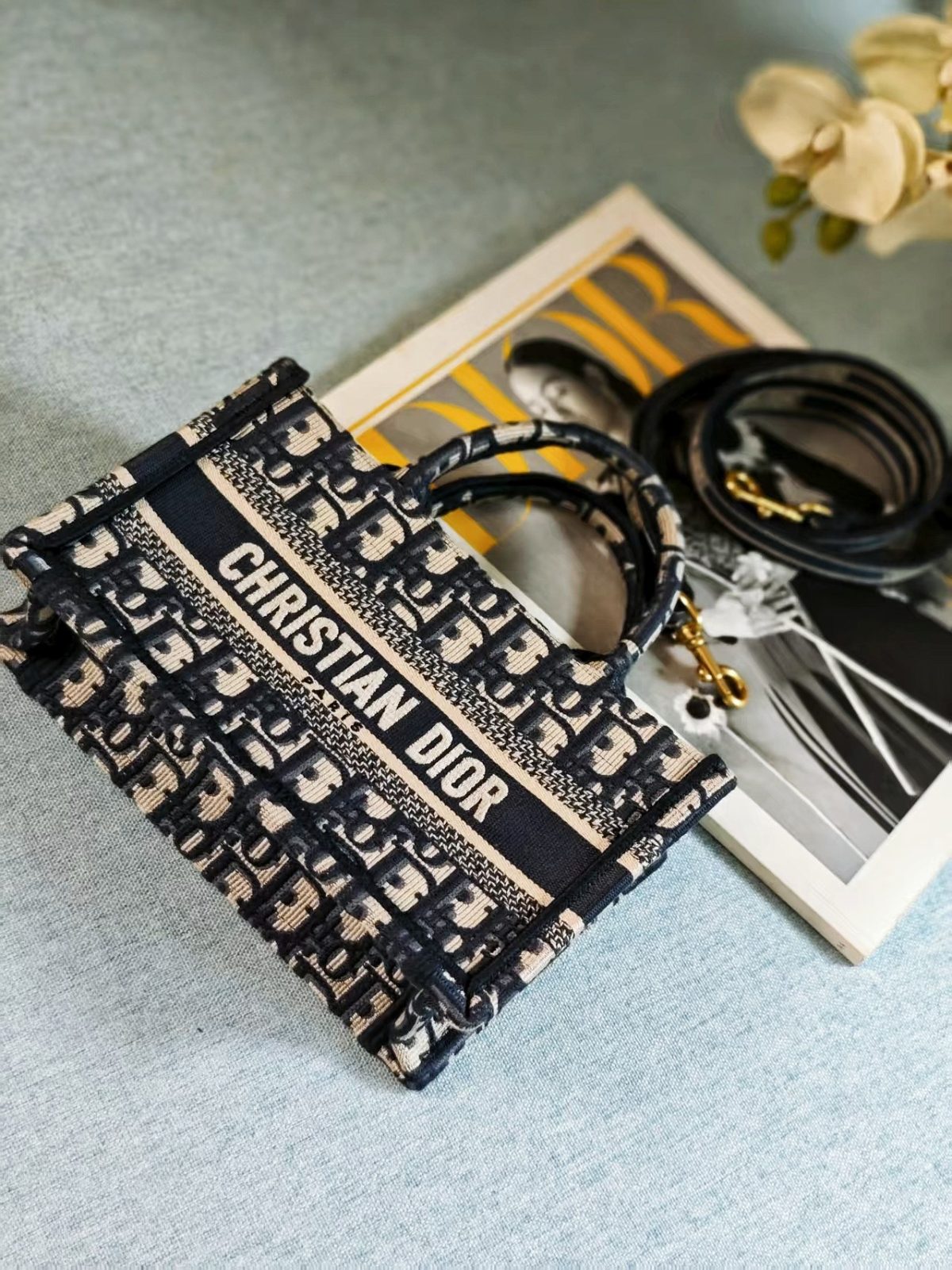 Dior Book Tote Mini Bag (Blue Oblique Jacquard) - Image 7