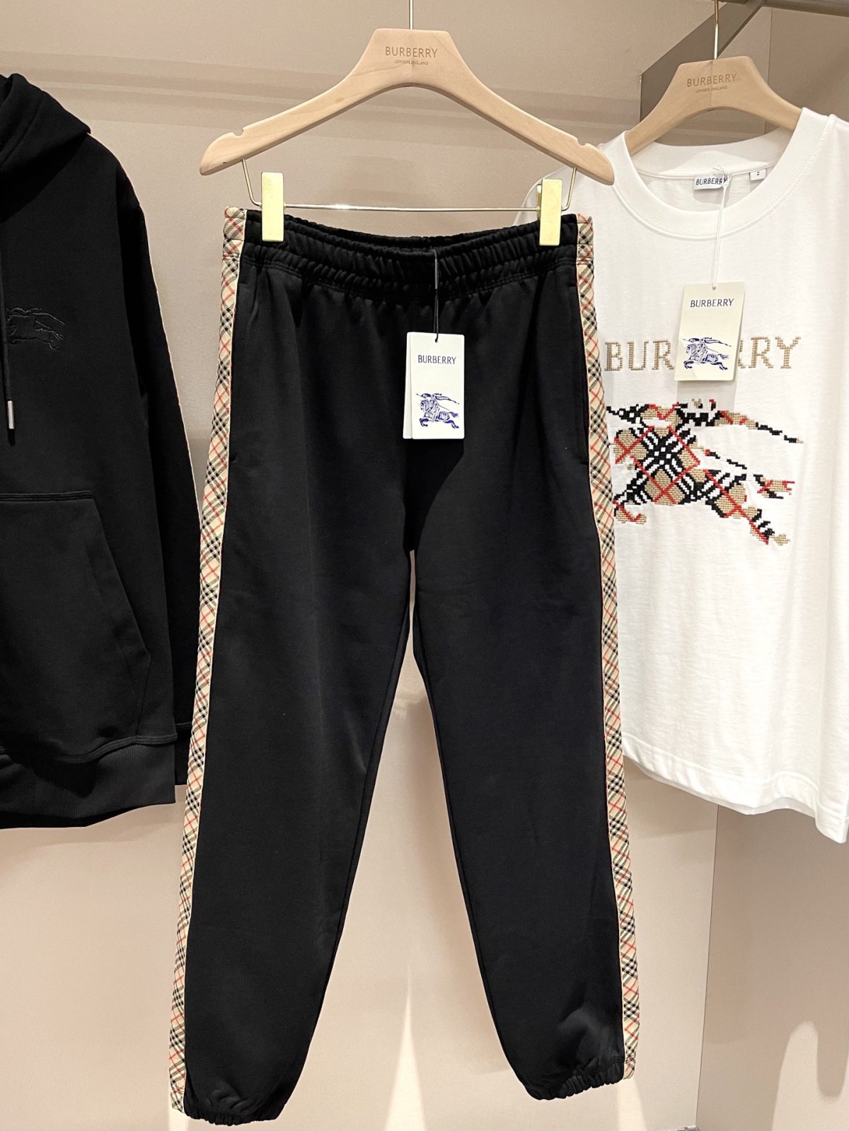 Burberry 25FW Cotton-Blend Track Pants with Vintage Check Stripe - Image 1