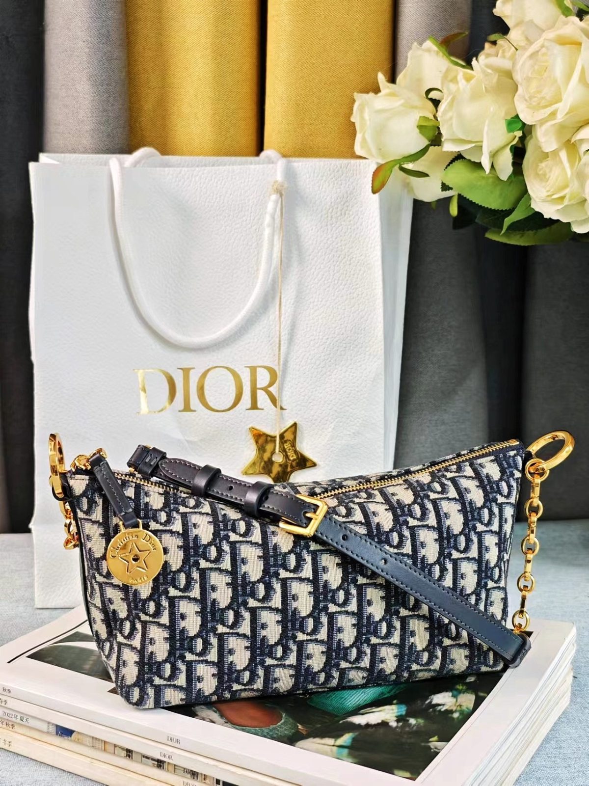 Dior Diostar Hobo Chain Bag (Blue Oblique Jacquard) - Image 1