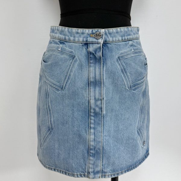 CHANEL CC25K Denim Skirt with Bow Stitch Detailing